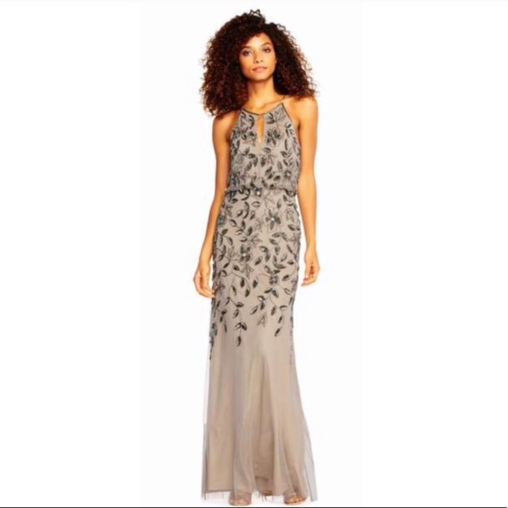 Floral Beaded Blouson Halter Gown